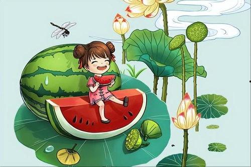 夏至吃瓜插画,插画中的夏日清凉时光